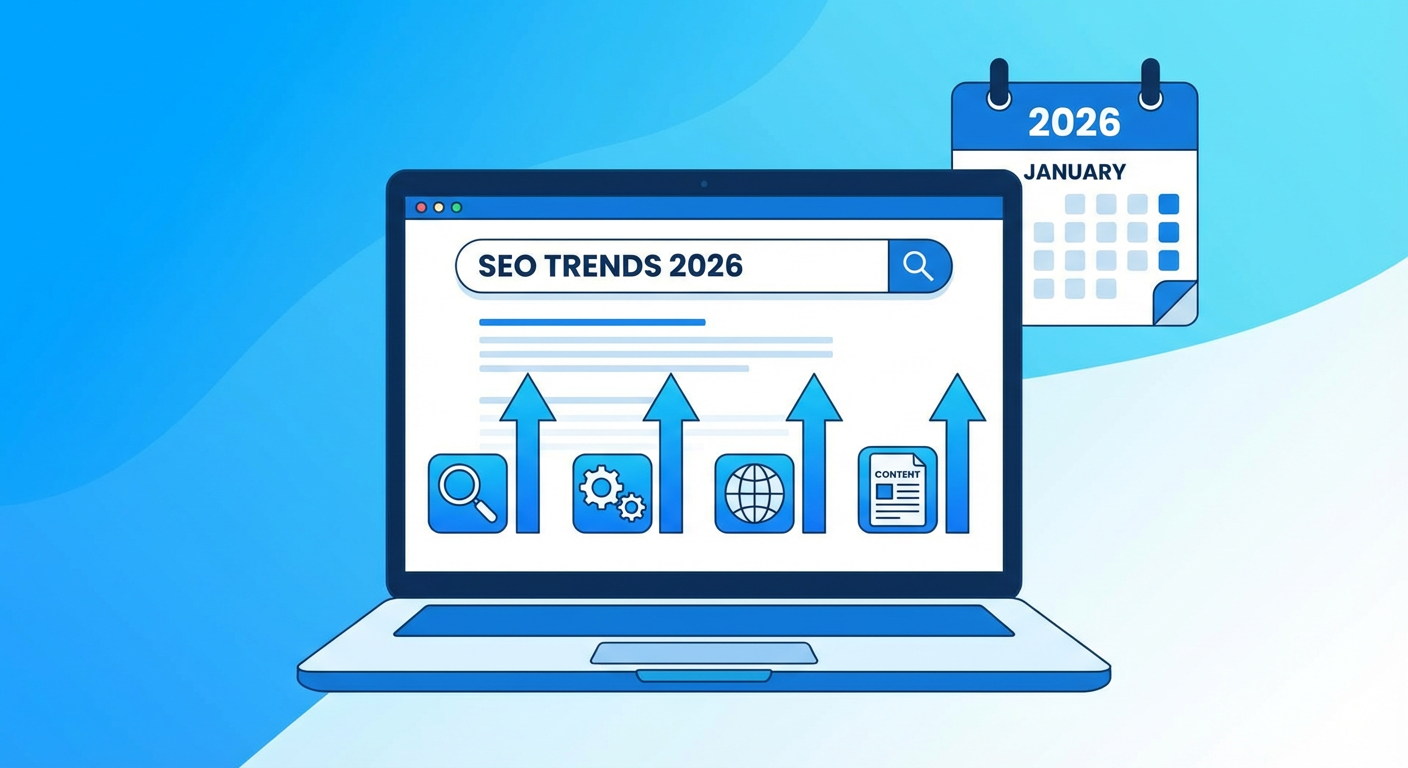 A clean and modern illustration showing a search engine results page on a laptop screen with upward trending arrows, SEO optimization icons, and a 2026 calendar in the background, flat design style, blue and white color scheme