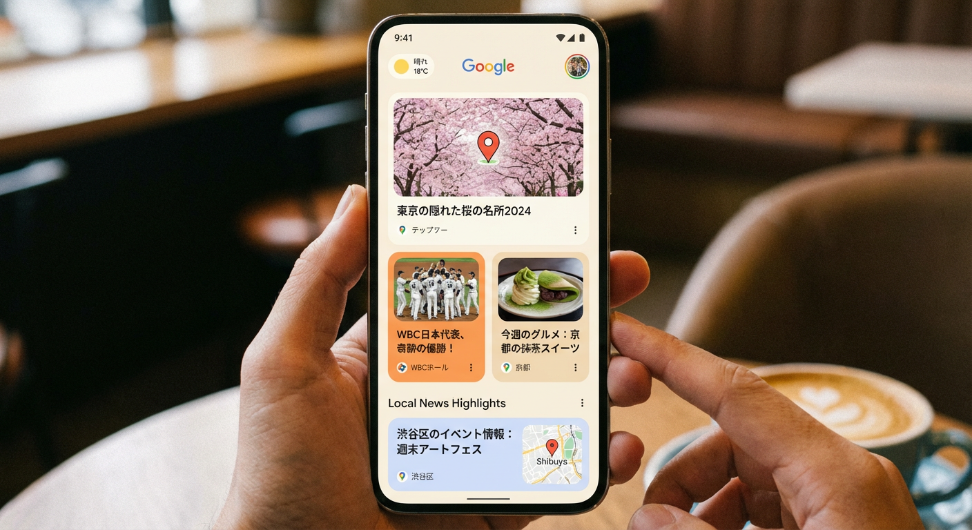 A smartphone screen displaying Google Discover feed with various article cards, local news highlights, and location pins, modern UI design, warm colors, Japanese content context