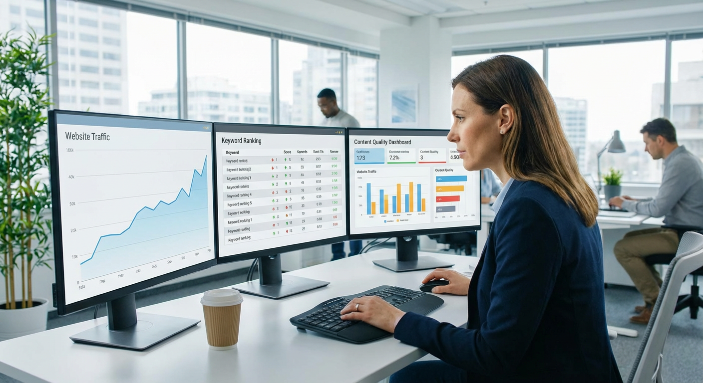 A business professional analyzing SEO performance charts on multiple screens showing website traffic trends, keyword rankings, and content quality metrics, modern office environment, data visualization style