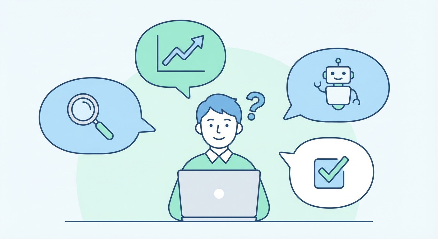 A friendly illustration of a person asking questions about SEO with speech bubbles containing icons of magnifying glasses, charts, robots, and checkmarks, educational infographic style, light blue and green colors